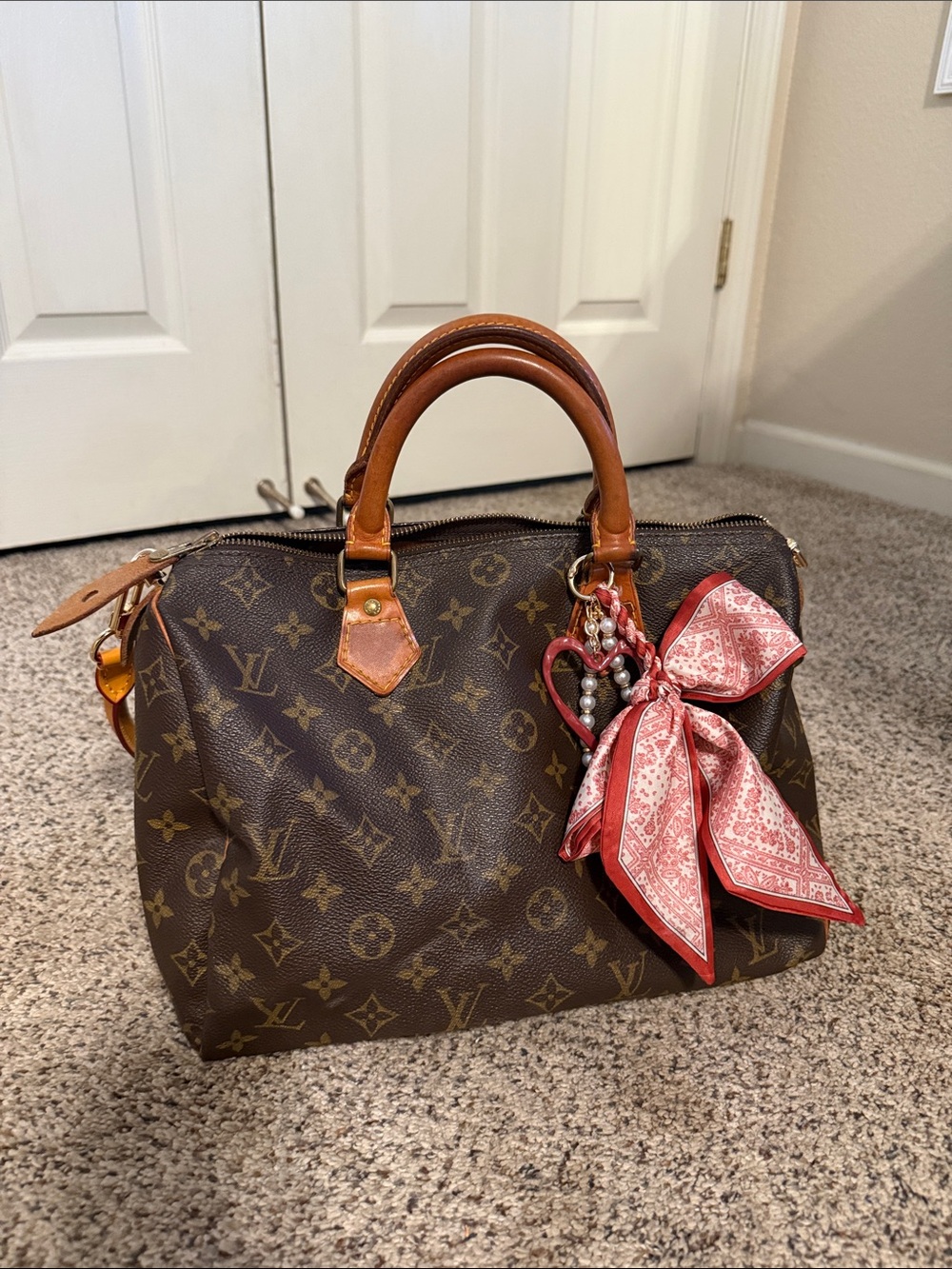 Louis Vuitton Brown Monogram Canvas Satchel with Red Scarf Accent - Vintage 1988